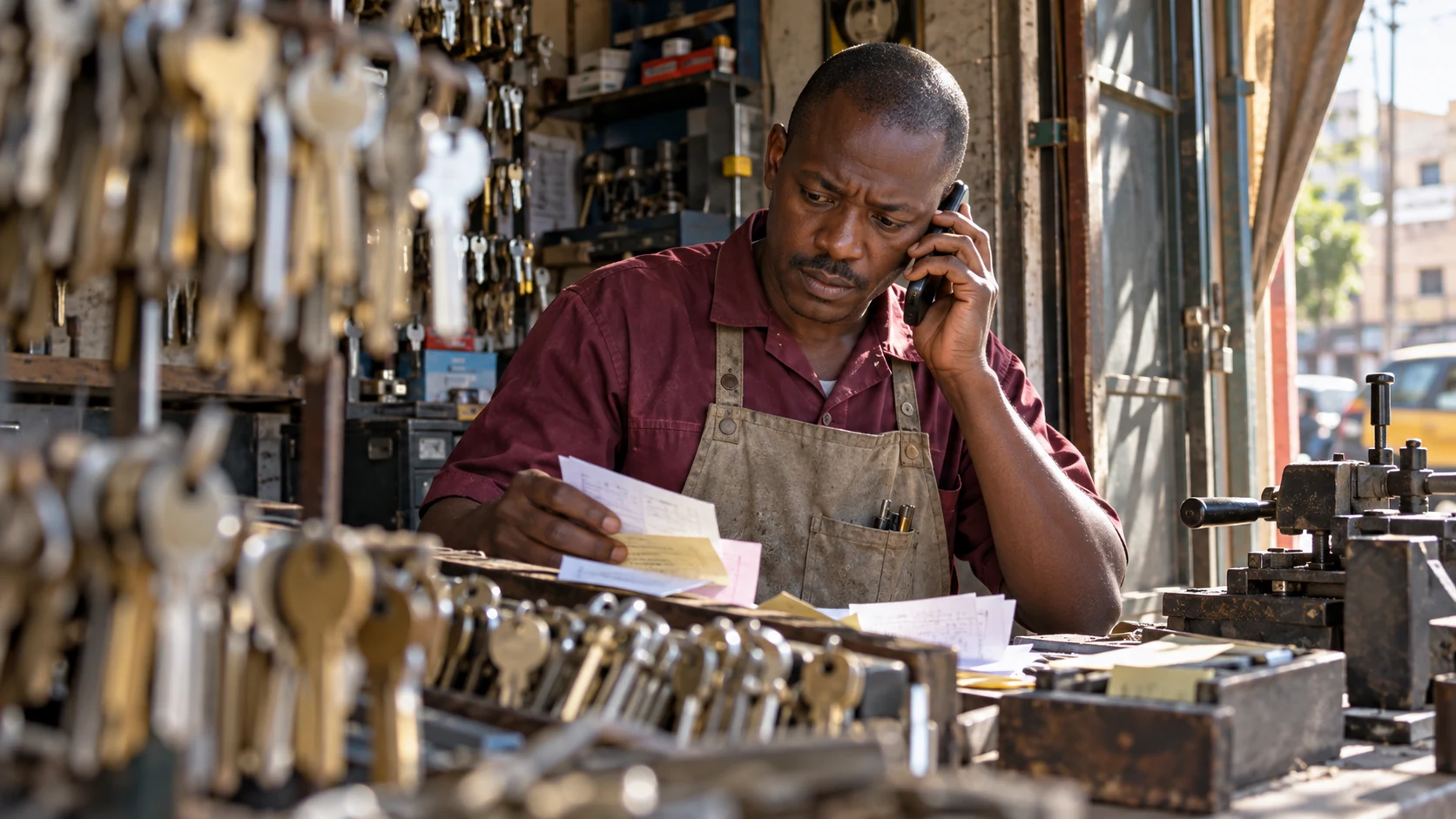 Serrurier à Dakar recherchant une commande pendant un appel avec un client.