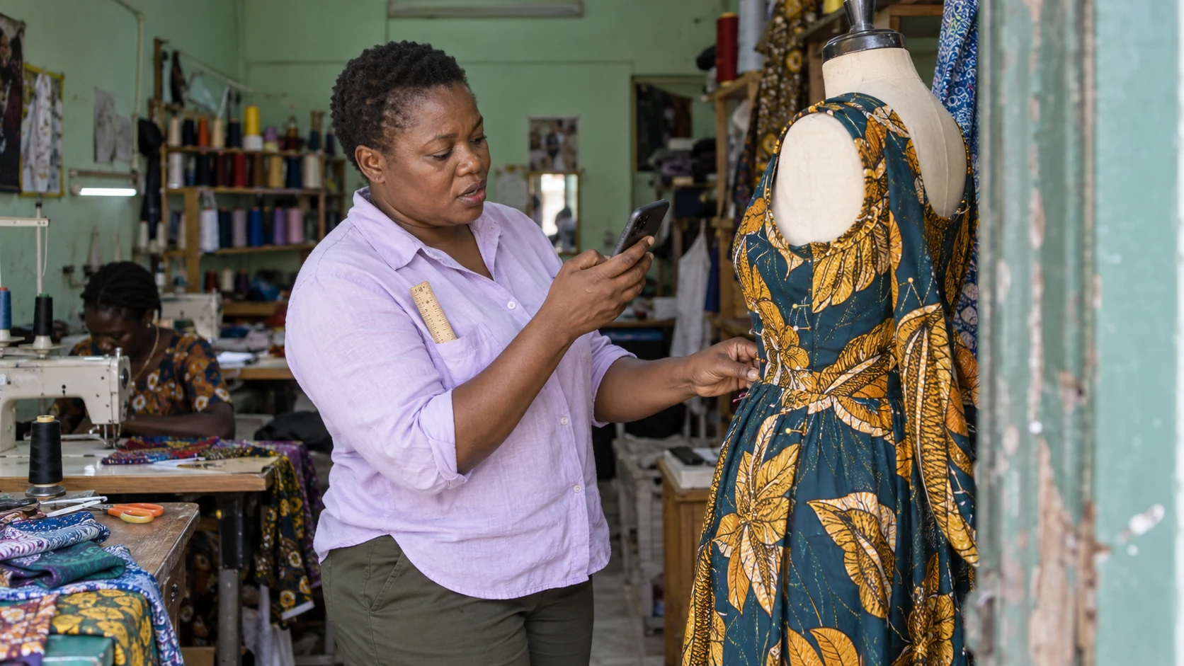 Couturière à Rufisque vérifiant une commande numérique devant une robe en cours de fabrication.