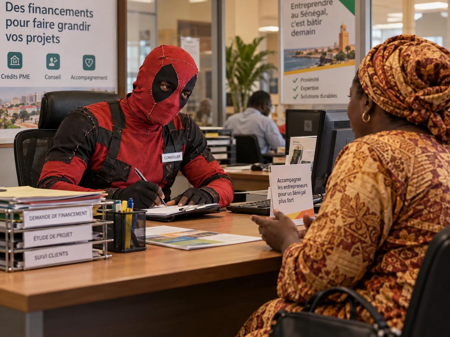 Illustration humoristique : conseiller de banque en cosplay rouge et noir fait maison, inspiré de Deadpool, prenant des notes face à une entrepreneure sénégalaise