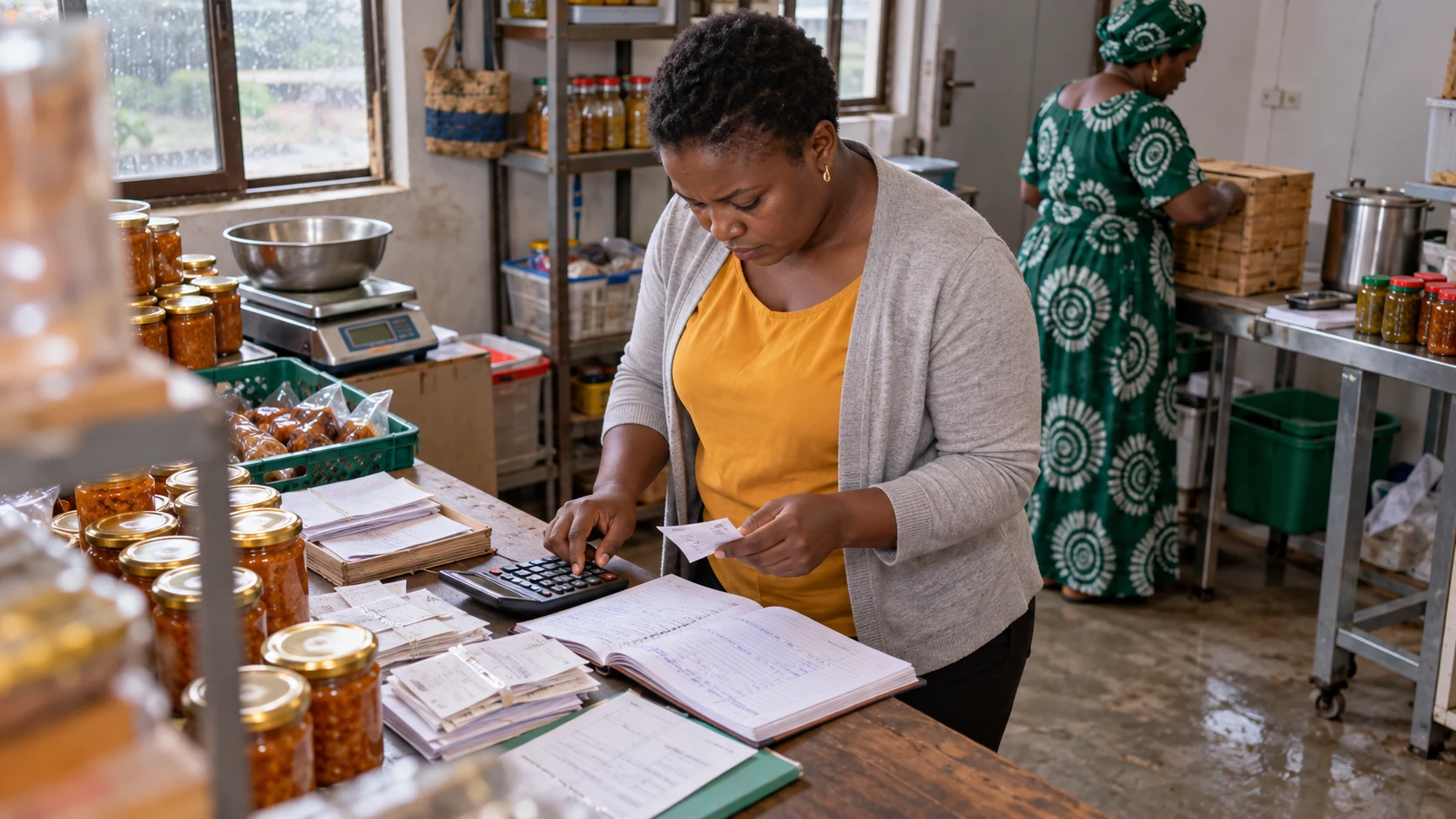 Entrepreneure à Ziguinchor réunissant reçus et chiffres de vente pour un financement.