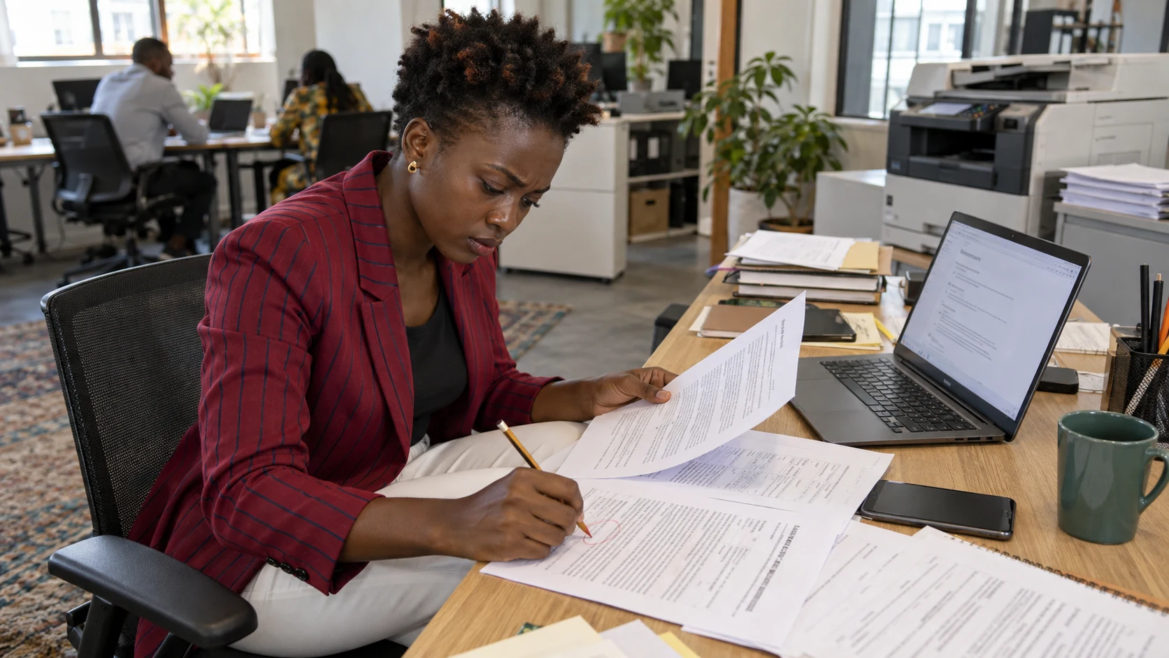 Salariée à Thiès vérifiant un résumé numérique à partir du document d'origine.