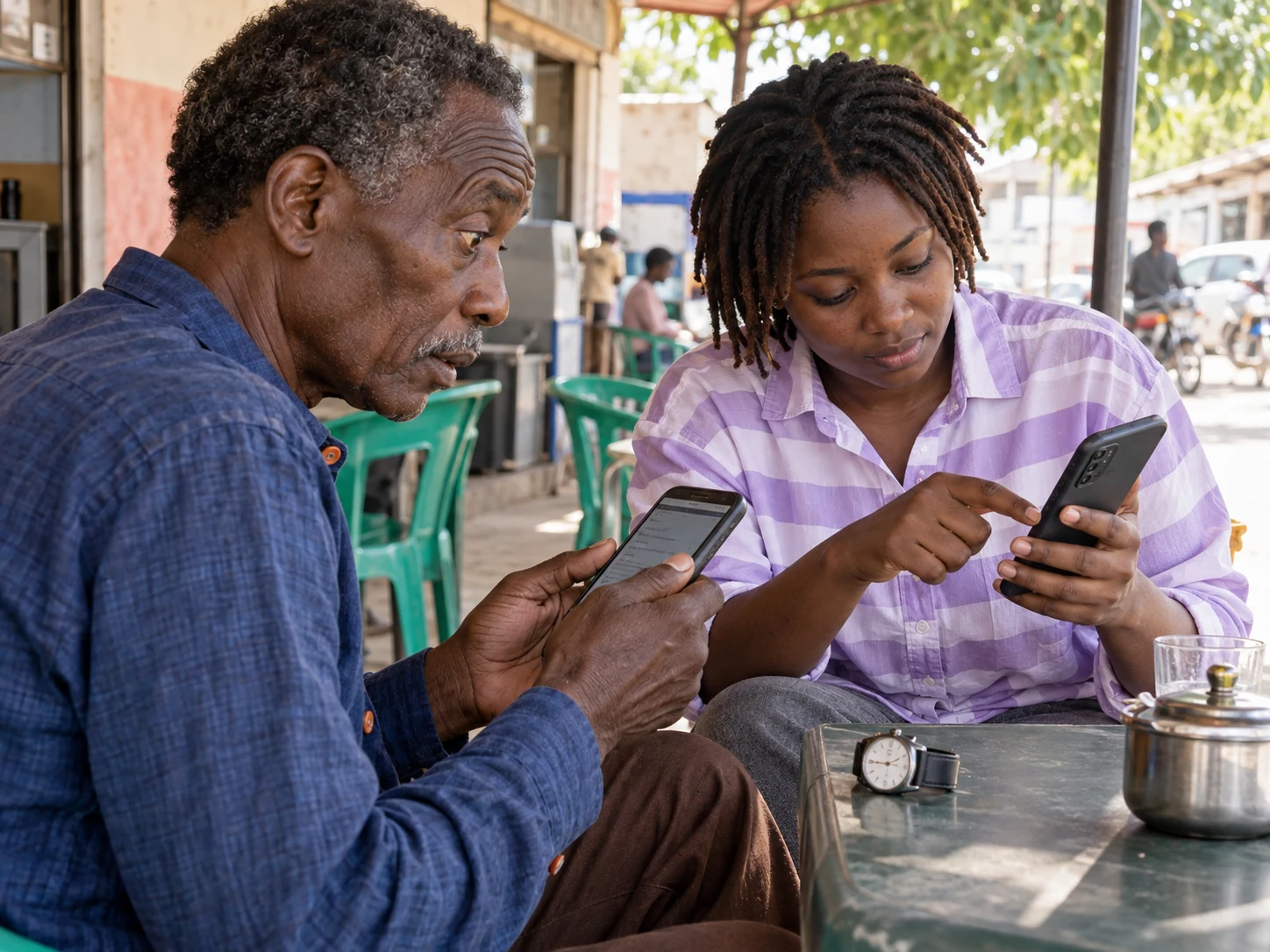Commerçant et développeuse à Kaolack comparant un parcours web sur deux téléphones.