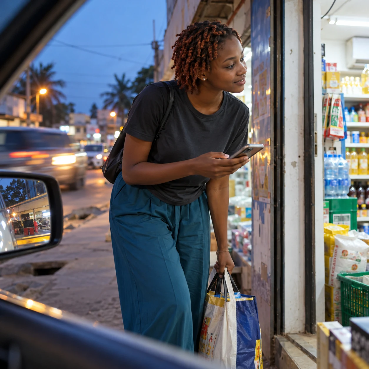 Cliente à Mbour consultant une information produit sur mobile à la fermeture d'un magasin.