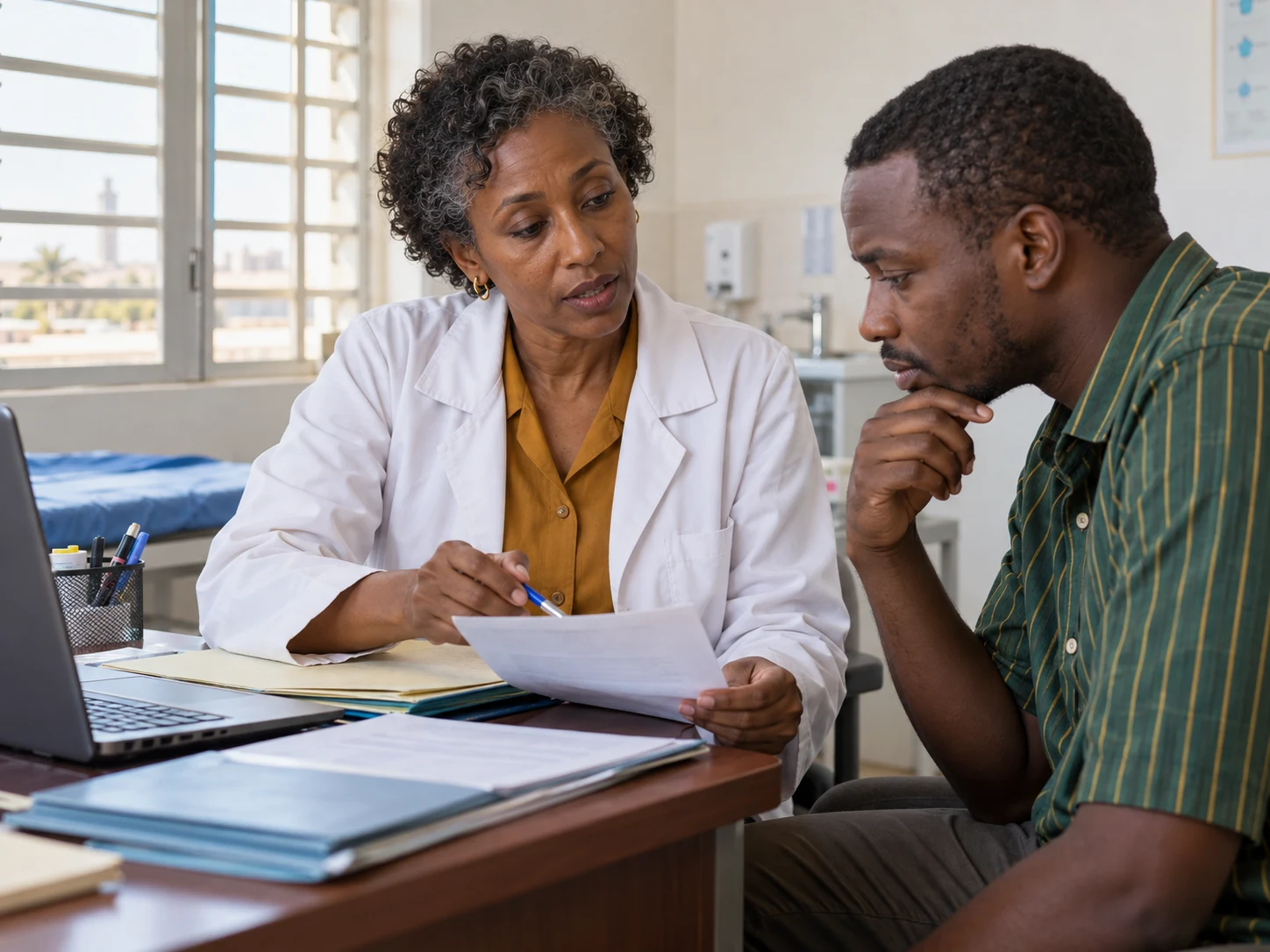 Médecin à Saint-Louis expliquant un élément de dossier à un patient pendant la consultation.