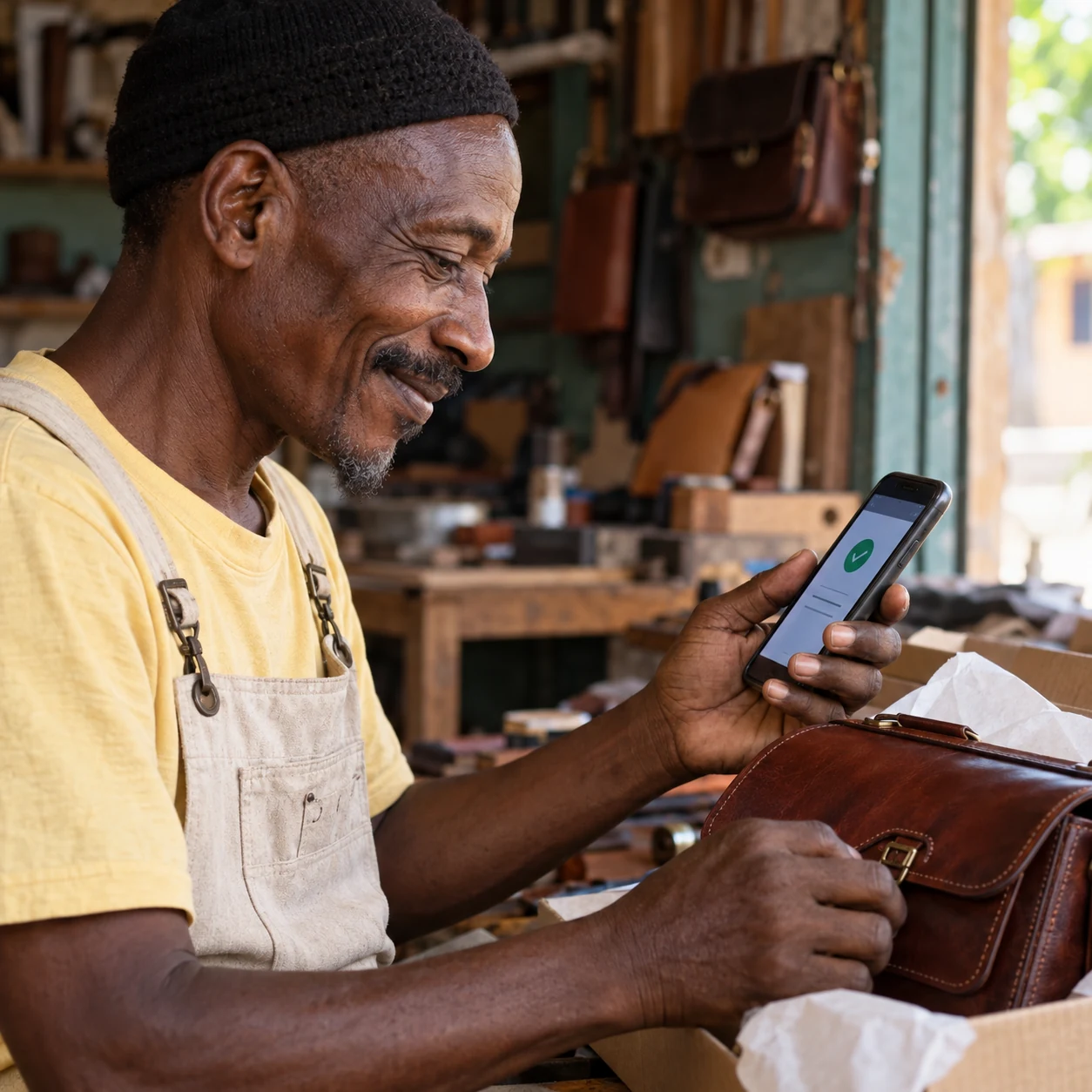 Artisan à Ziguinchor vérifiant le paiement d'une commande de maroquinerie.