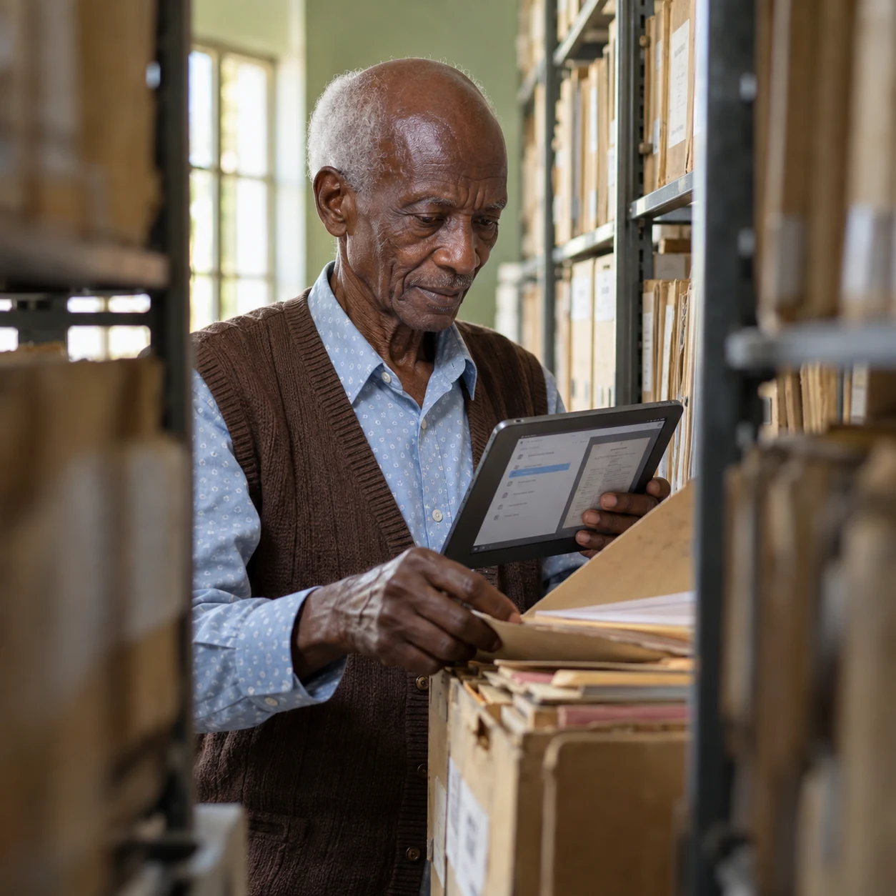 Employé à Saint-Louis retrouvant une pièce d'archives grâce à une recherche numérique.