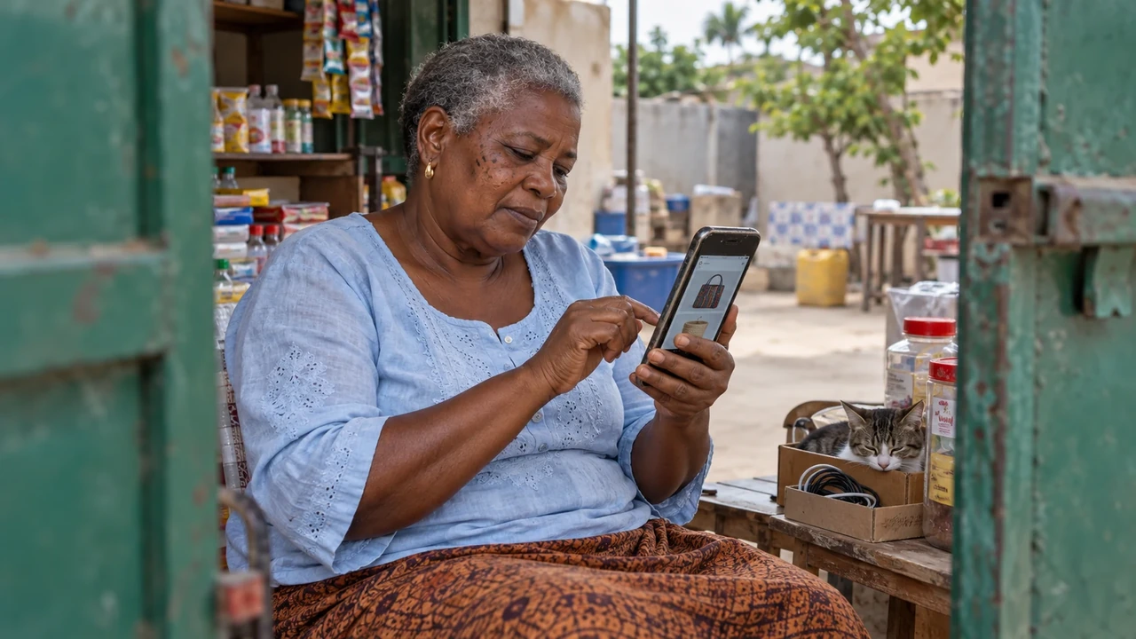 Propriétaire à Fatick vérifiant son catalogue sur un téléphone ancien.